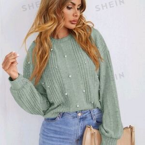 SHEIN Mint Ribbed Sweater with Pearl Accents